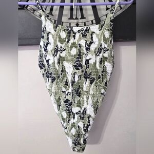 Victoria's Secret Smocked Ruched One Piece Bathing Suit Green White Camo‎ Size L